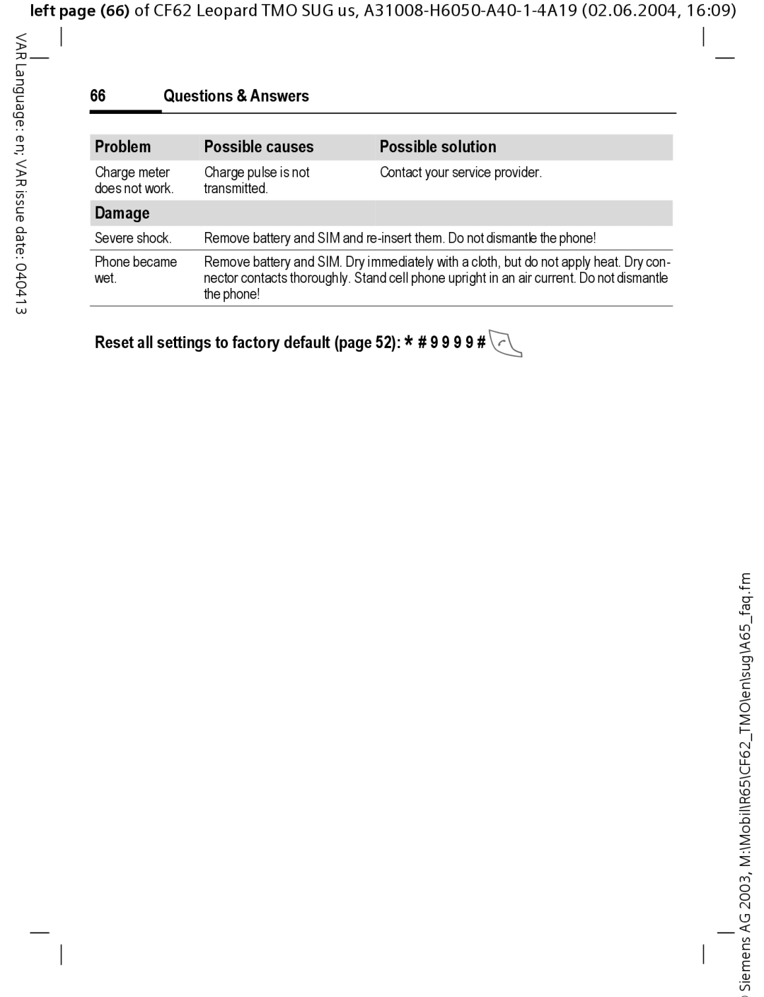 Siemens Mobile operating instructions Damage 