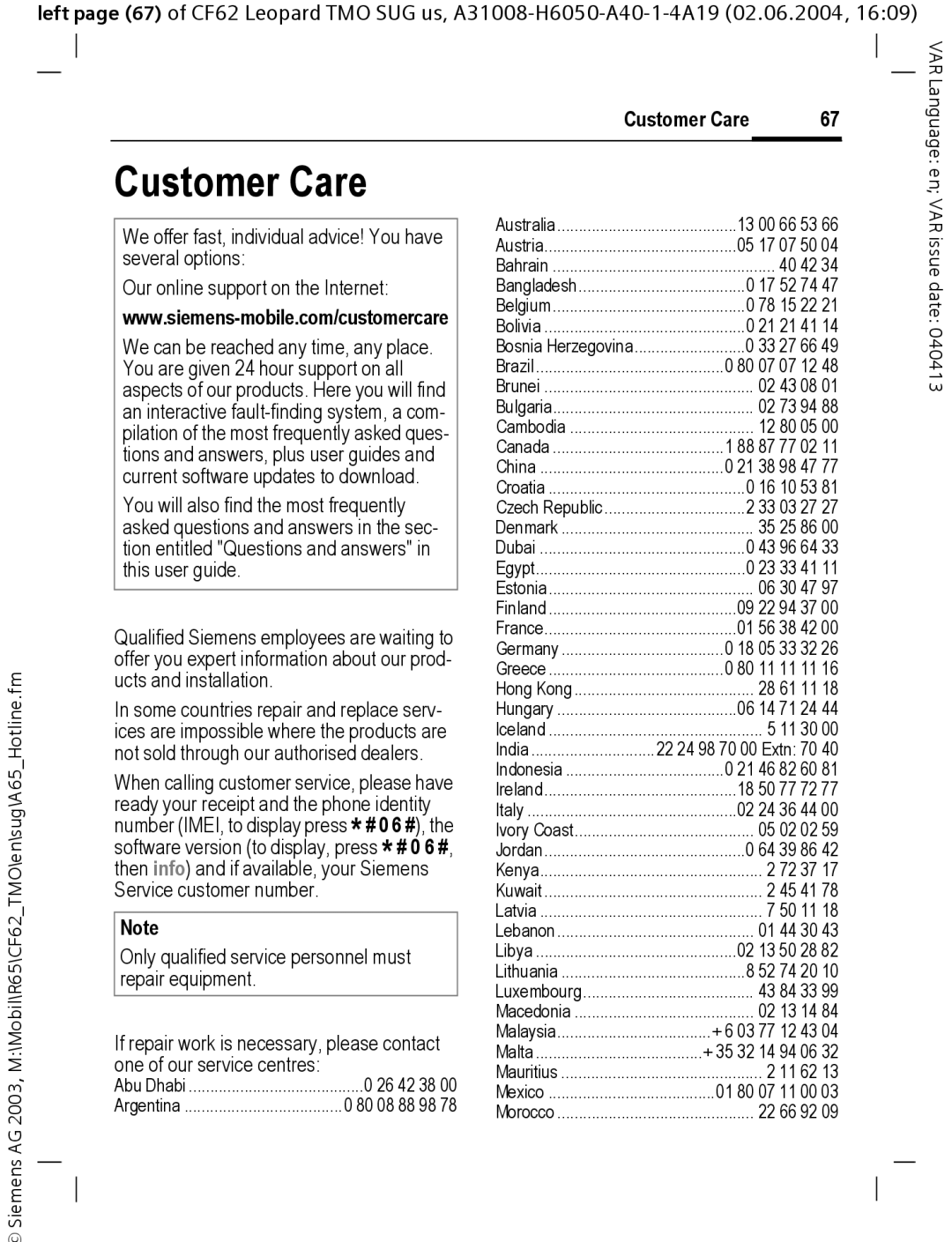 Siemens Mobile operating instructions Customer Care 