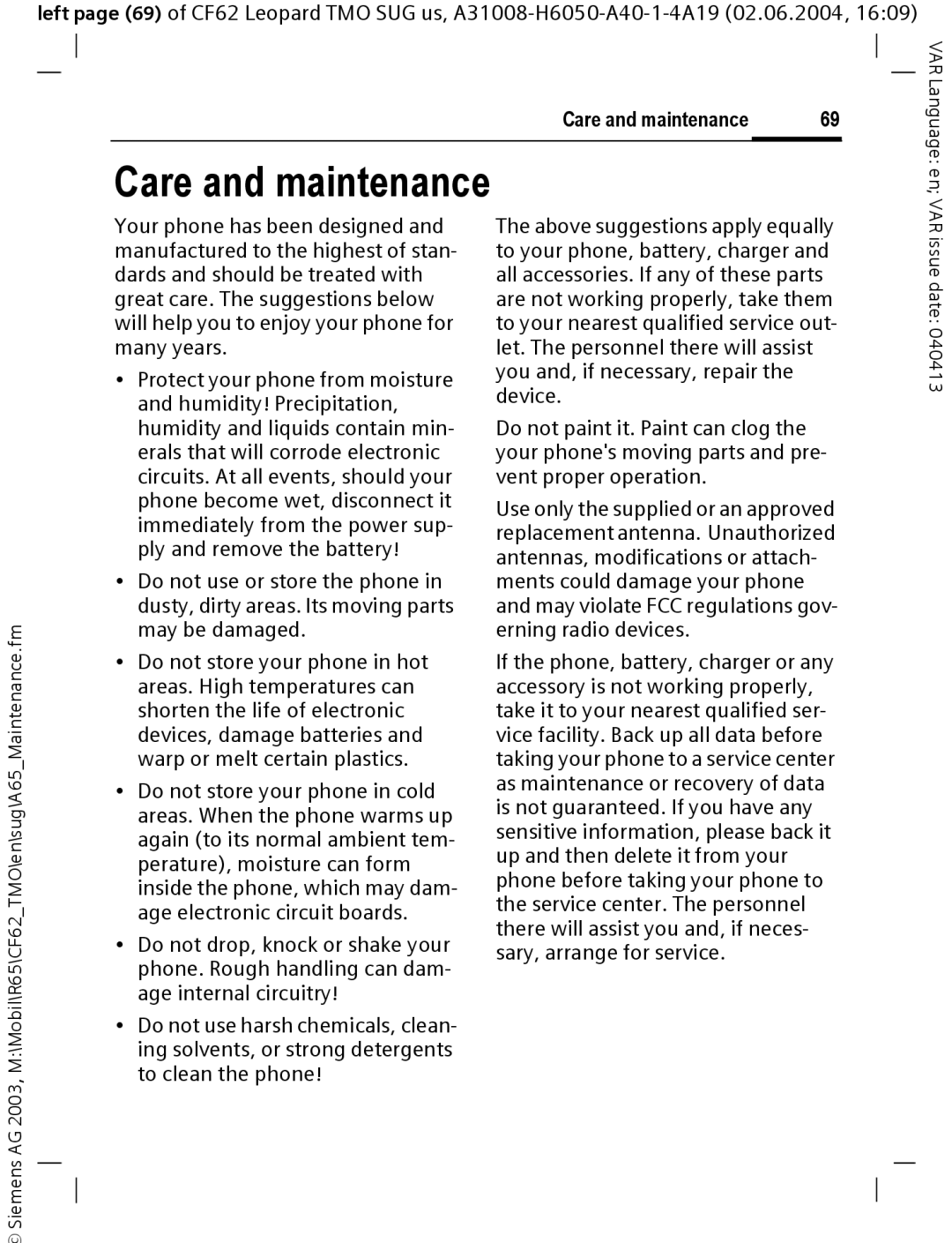 Siemens Mobile operating instructions Care and maintenance 