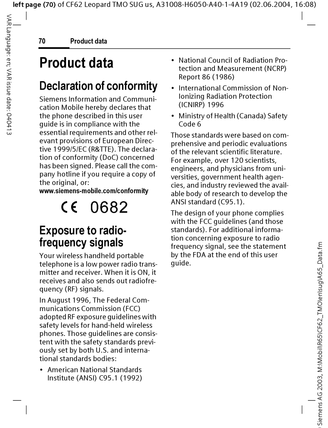 Siemens Mobile operating instructions Product data, Declaration of conformity, Exposure to radio- frequency signals 