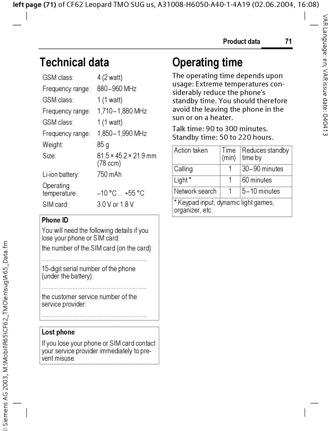 Siemens Mobile operating instructions Technical data Operating time, Phone ID, Lost phone 