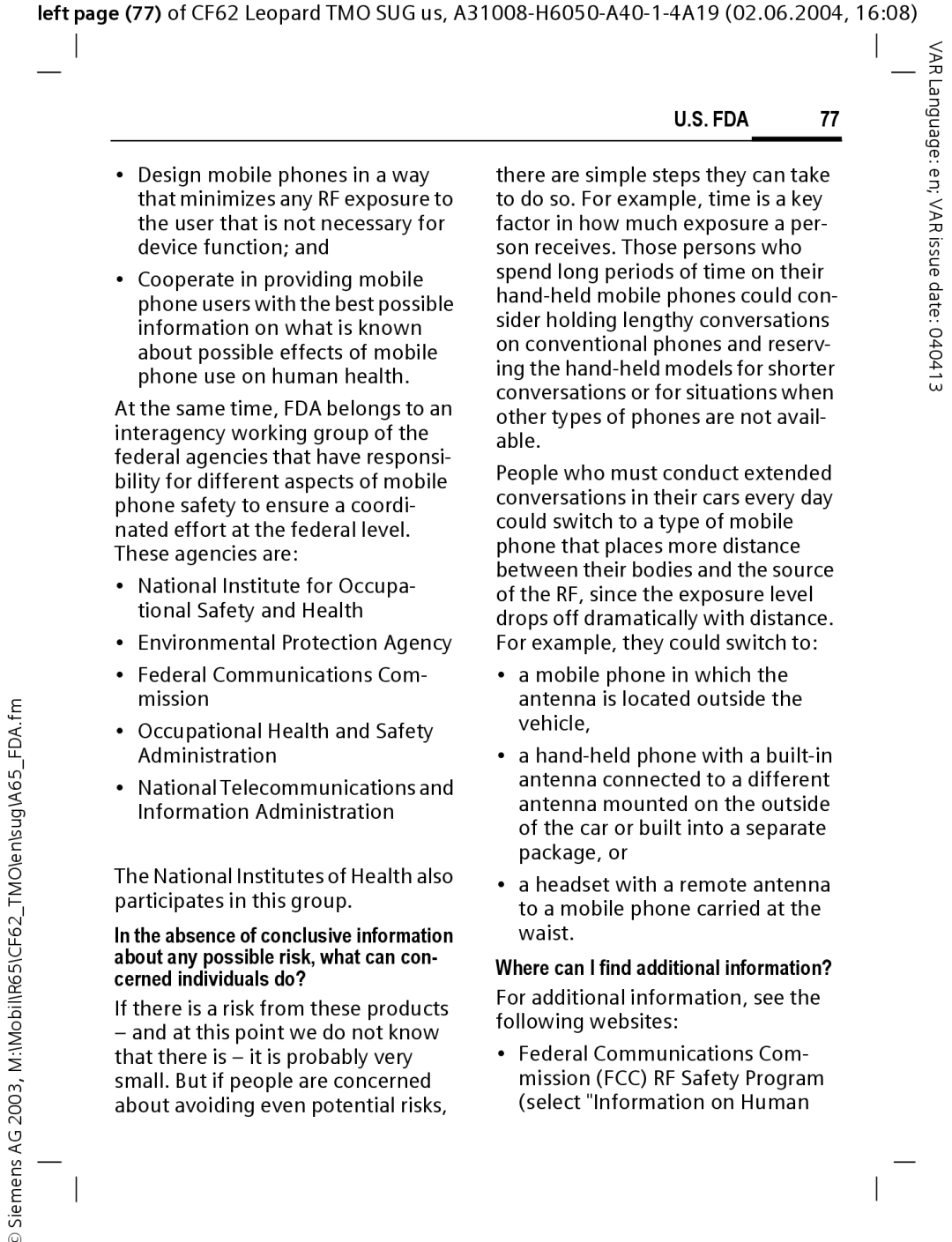 Siemens Mobile operating instructions If there is a risk from these products, Where can I find additional information? 