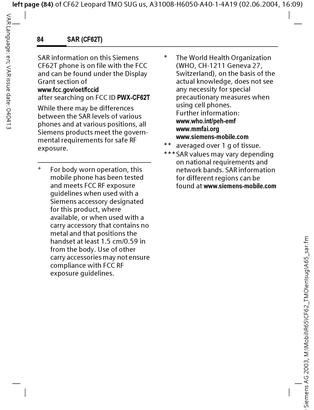 Siemens Mobile operating instructions SAR CF62T 