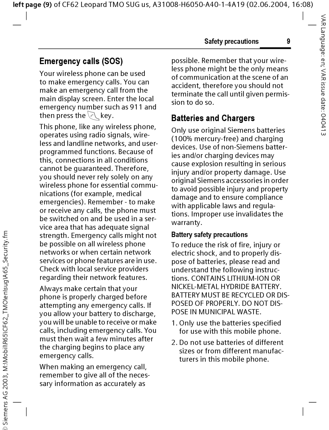 Siemens Mobile operating instructions Emergency calls SOS, Batteries and Chargers, Battery safety precautions 