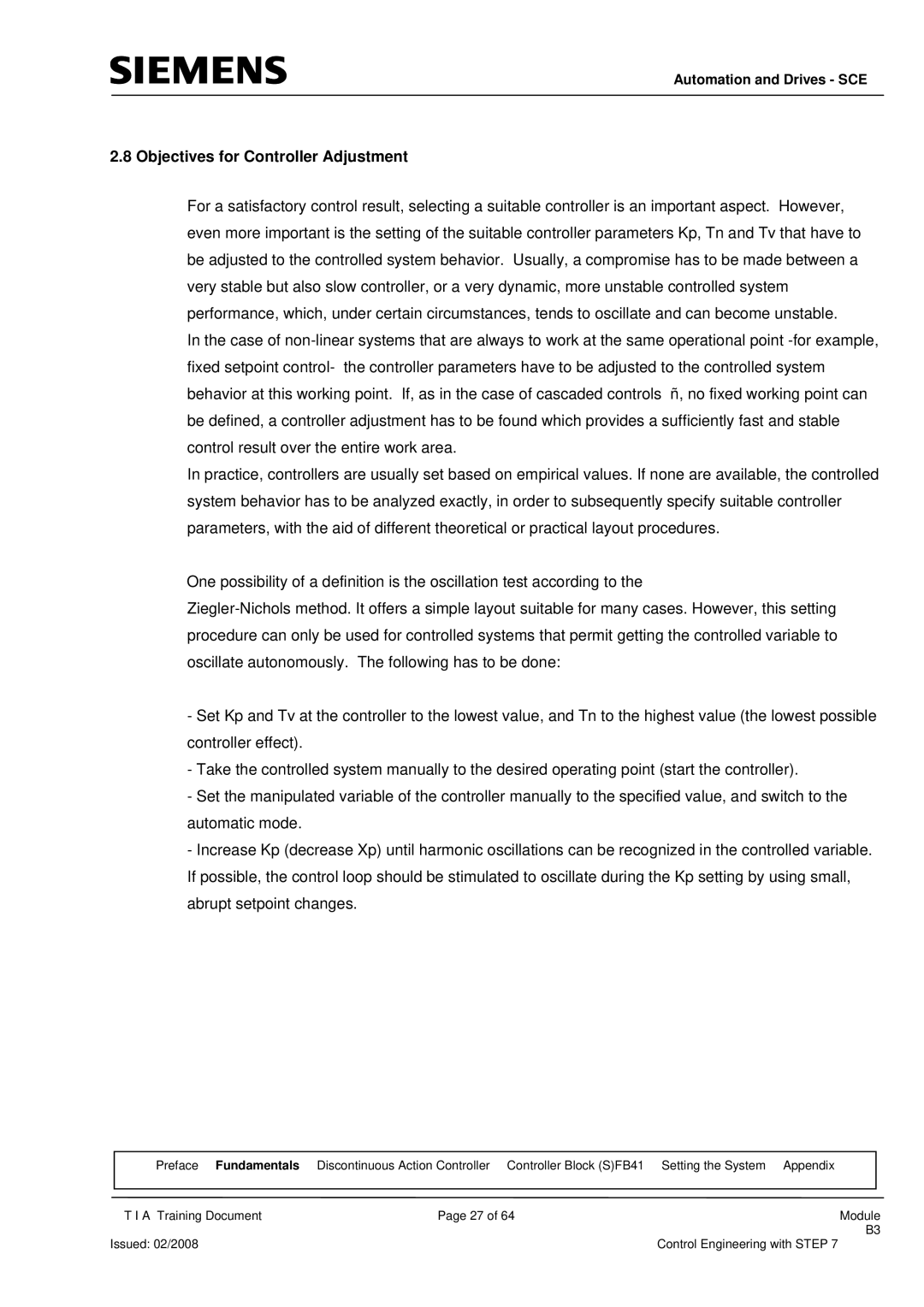 Siemens Module B3 manual Objectives for Controller Adjustment 