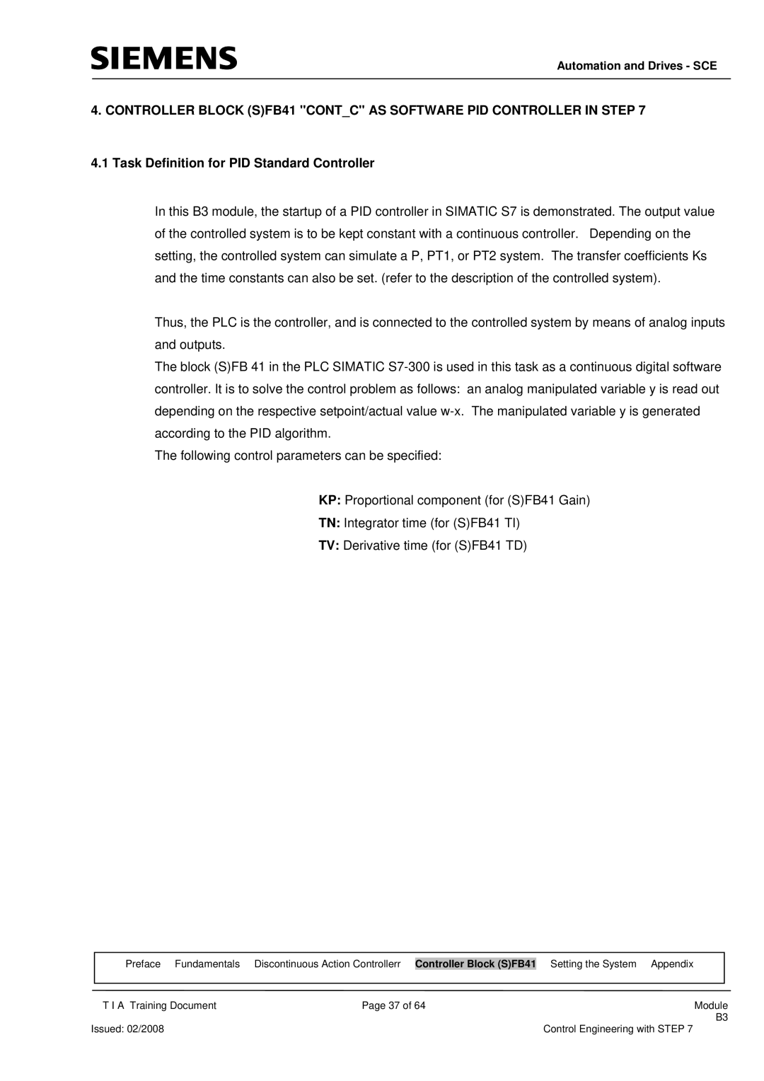 Siemens Module B3 manual Task Definition for PID Standard Controller 