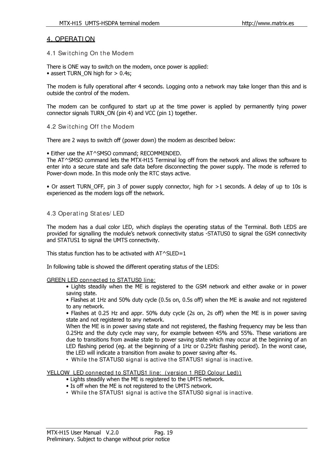 Siemens MTX-H15 user manual Operation, Switching On the Modem, Switching Off the Modem, Operating States/LED 