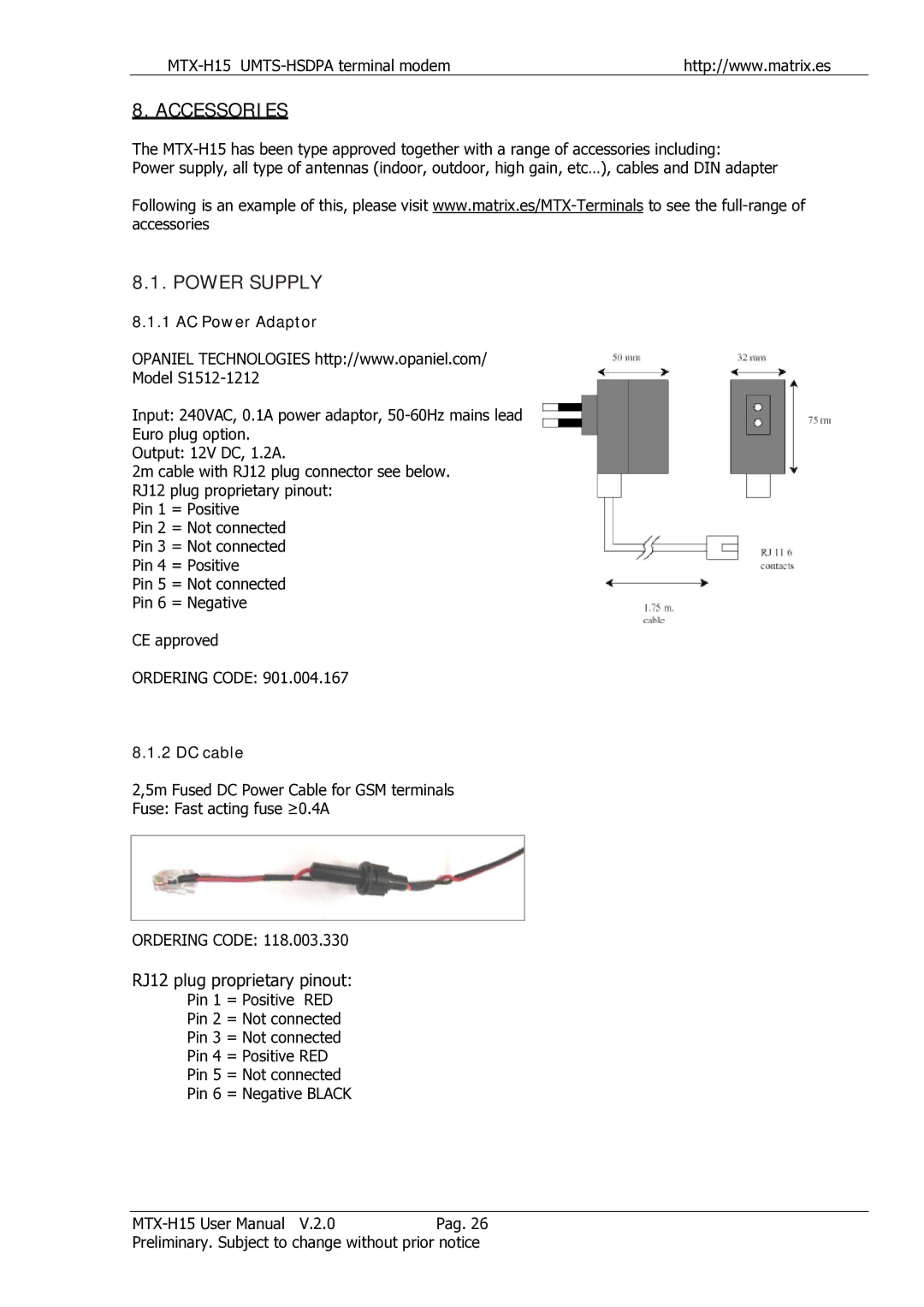 Siemens MTX-H15 user manual Accessories, AC Power Adaptor, DC cable 