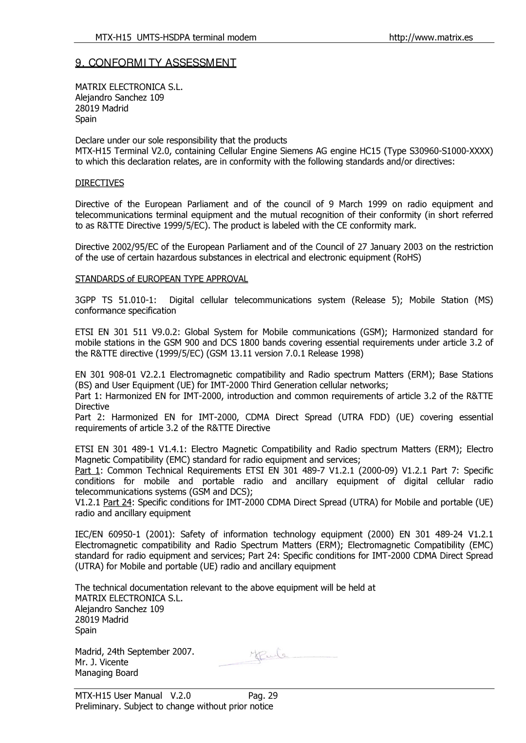 Siemens MTX-H15 user manual Conformity Assessment, Matrix Electronica S.L, Directives 