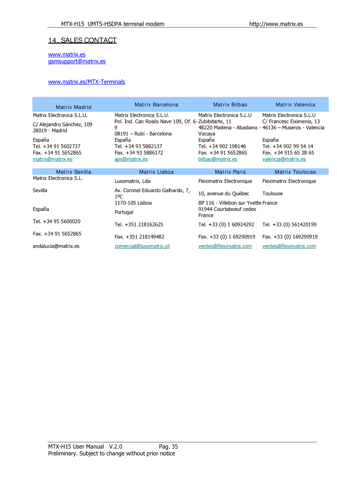 Siemens MTX-H15 user manual Sales Contact, Gsmsupport@matrix.es 