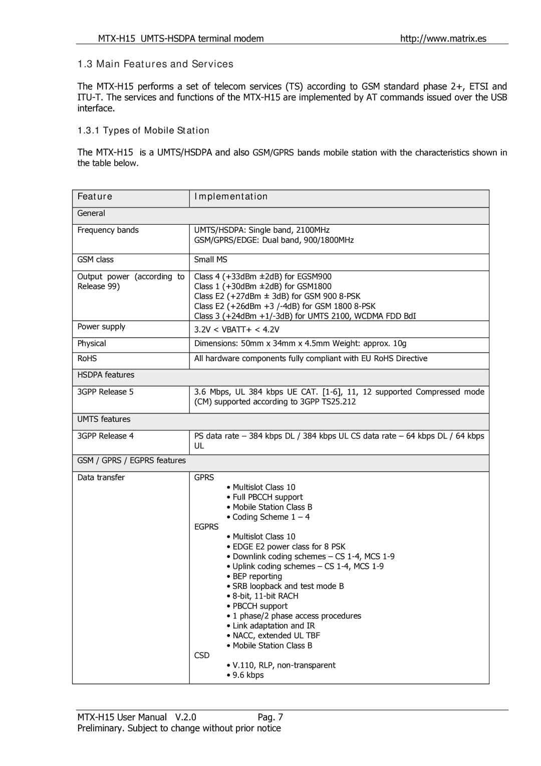 Siemens MTX-H15 user manual Main Features and Services, Types of Mobile Station, Feature Implementation 