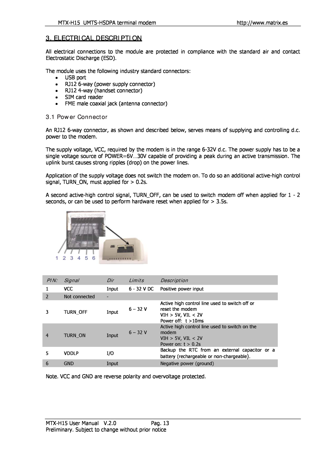 Siemens MTX-H15 user manual Electrical Description, Power Connector 