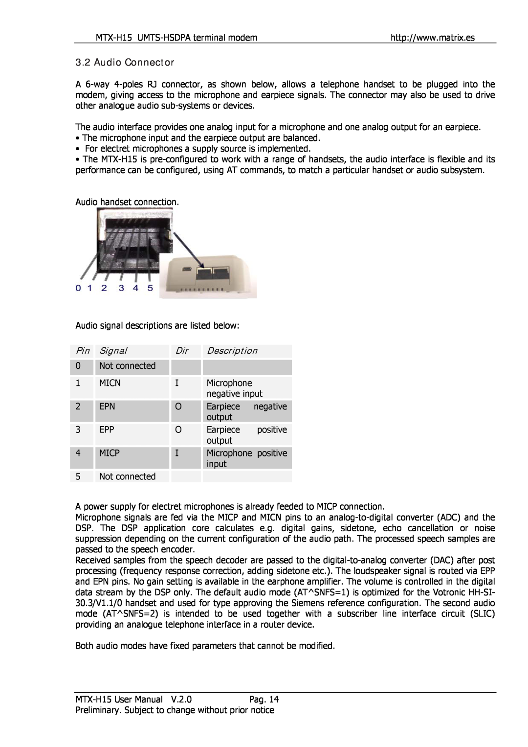 Siemens MTX-H15 user manual Audio Connector, Signal, Dir Description 