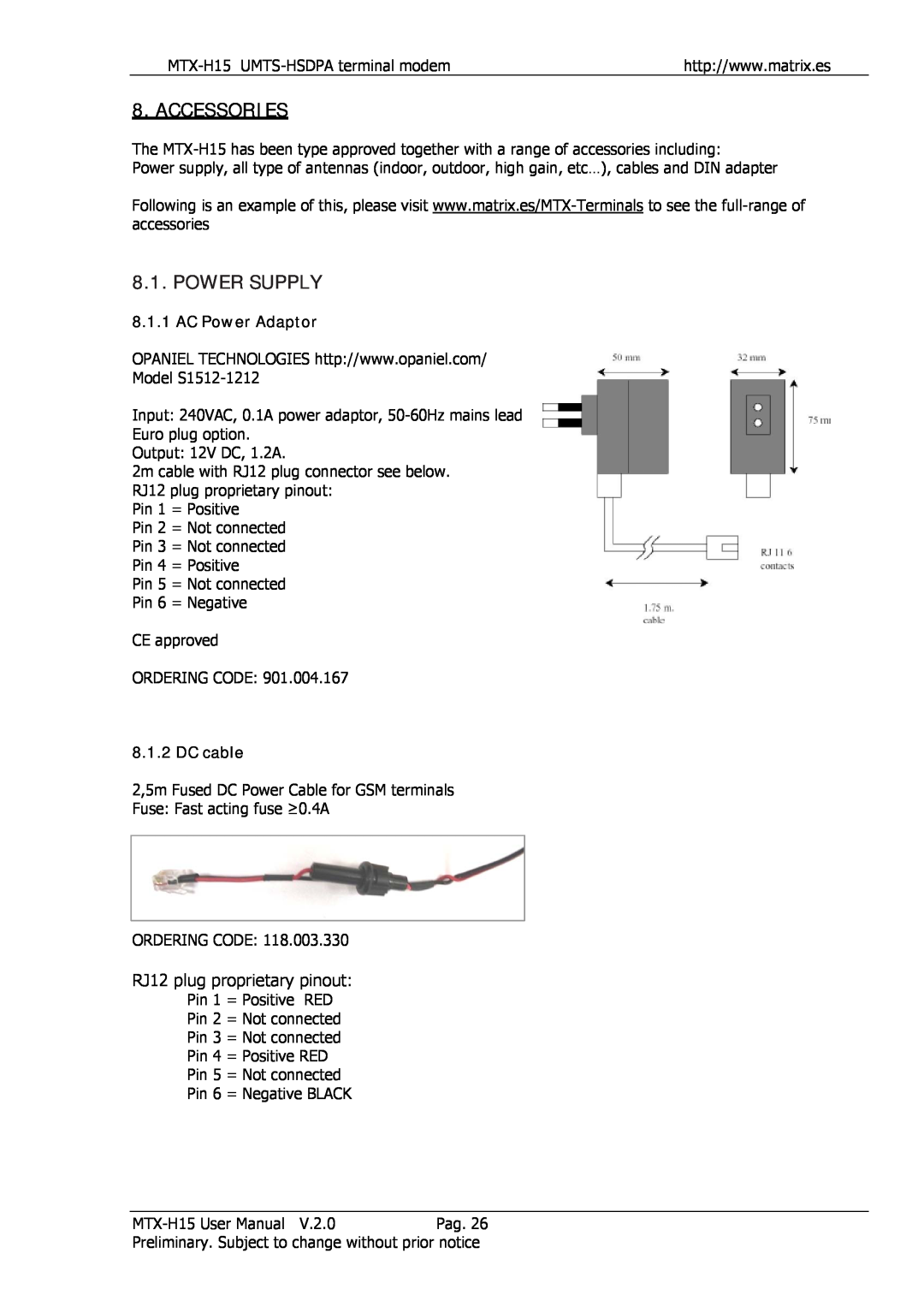 Siemens MTX-H15 user manual Accessories, RJ12 plug proprietary pinout, AC Power Adaptor, DC cable, Power Supply 