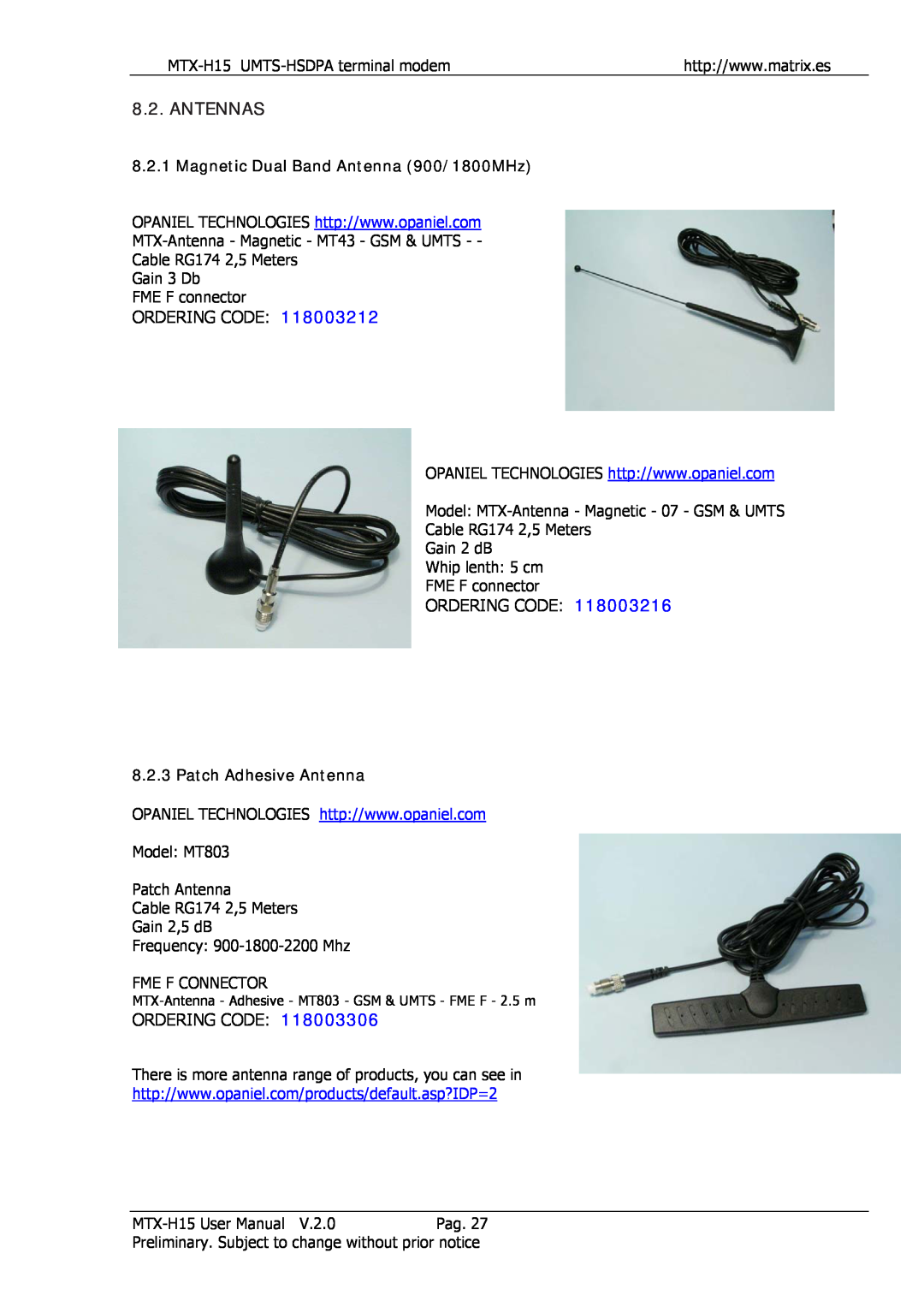 Siemens MTX-H15 user manual Antennas, Ordering Code, Magnetic Dual Band Antenna 900/1800MHz, Patch Adhesive Antenna 