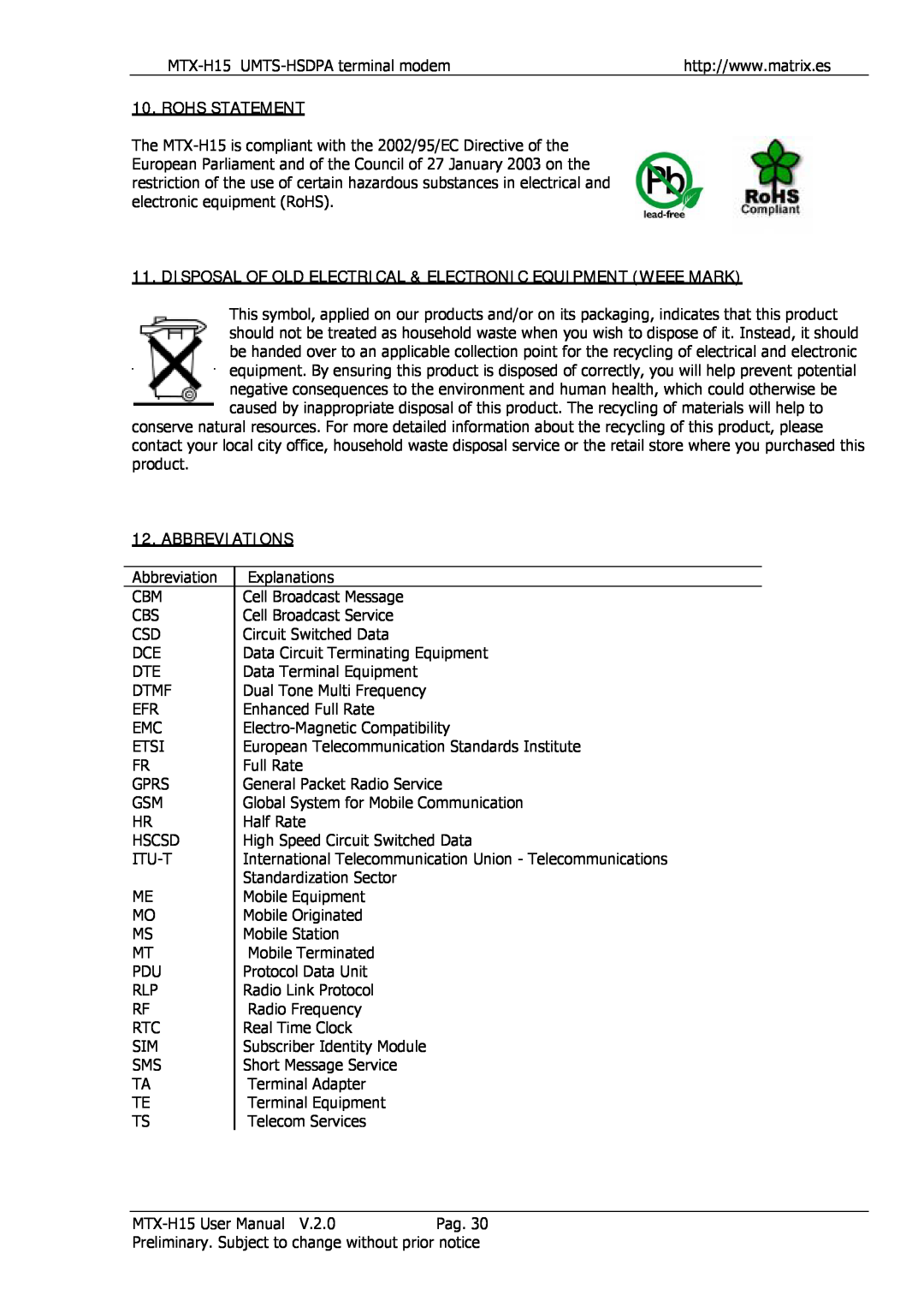 Siemens MTX-H15 user manual Rohs Statement, Disposal Of Old Electrical & Electronic Equipment Weee Mark, Abbreviations 