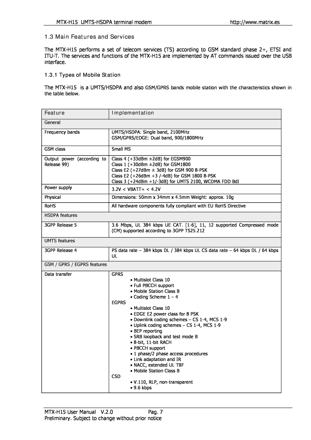 Siemens MTX-H15 user manual Main Features and Services, Types of Mobile Station, Implementation 