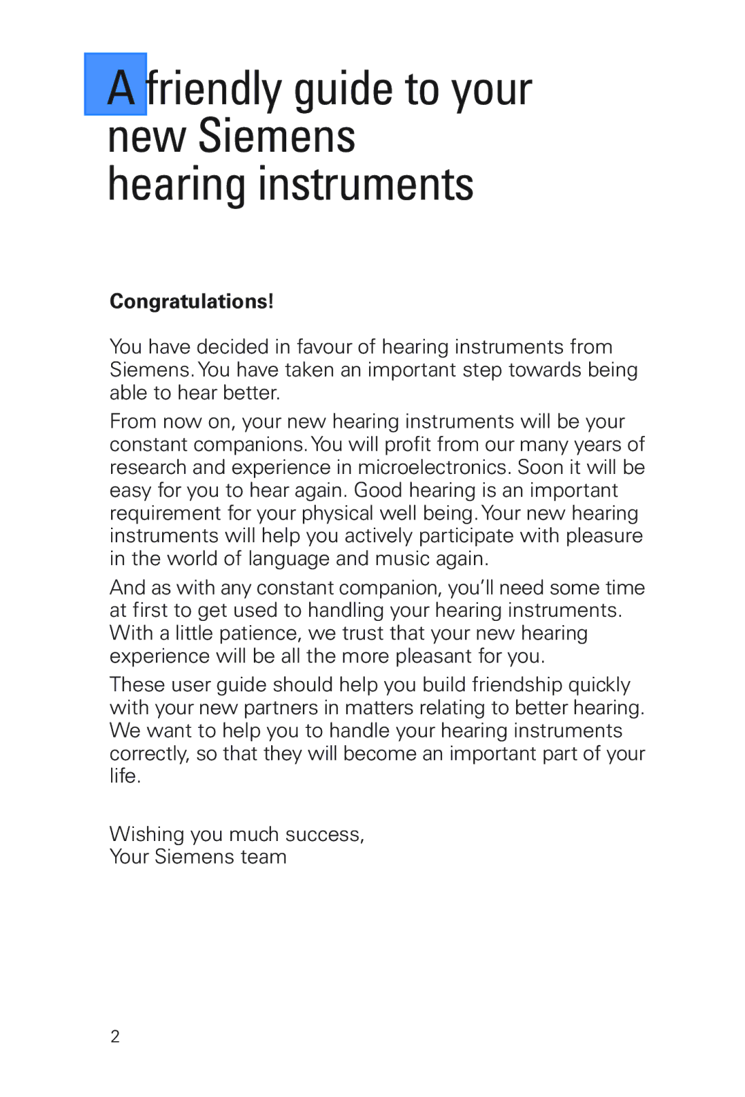 Siemens MUSIC Pro manual Friendly guide to your new Siemens hearing instruments, Congratulations 