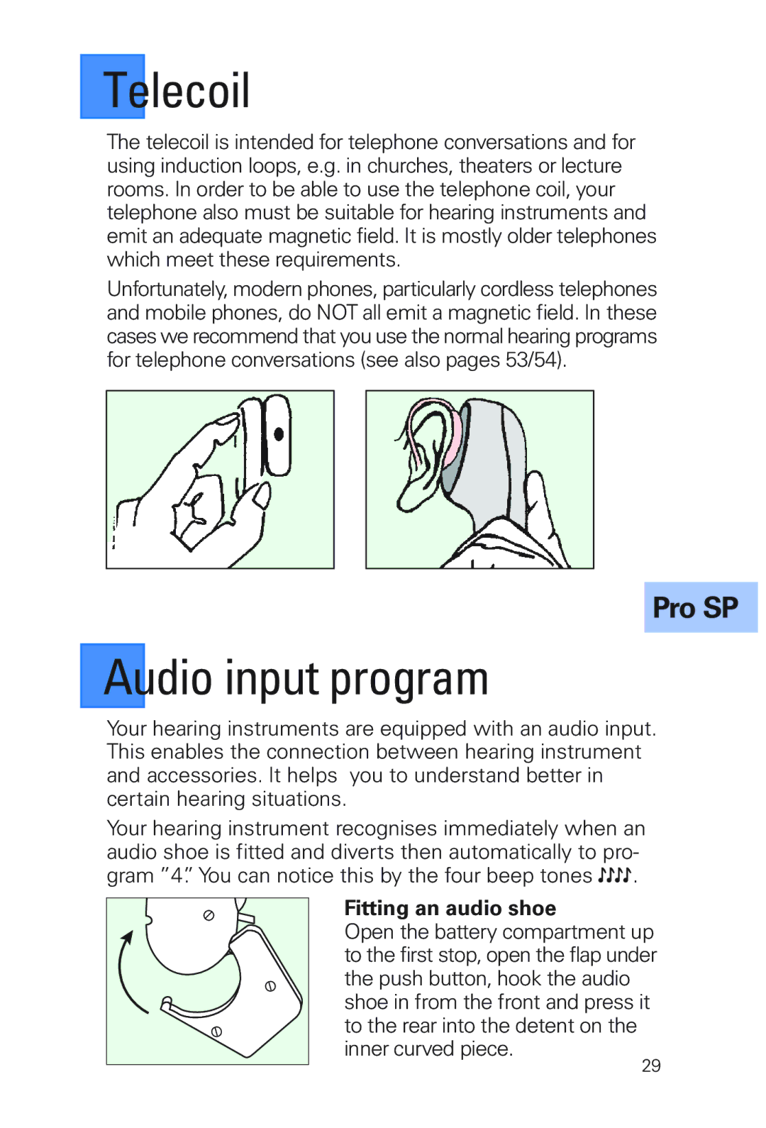 Siemens MUSIC Pro manual Telecoil, Fitting an audio shoe 