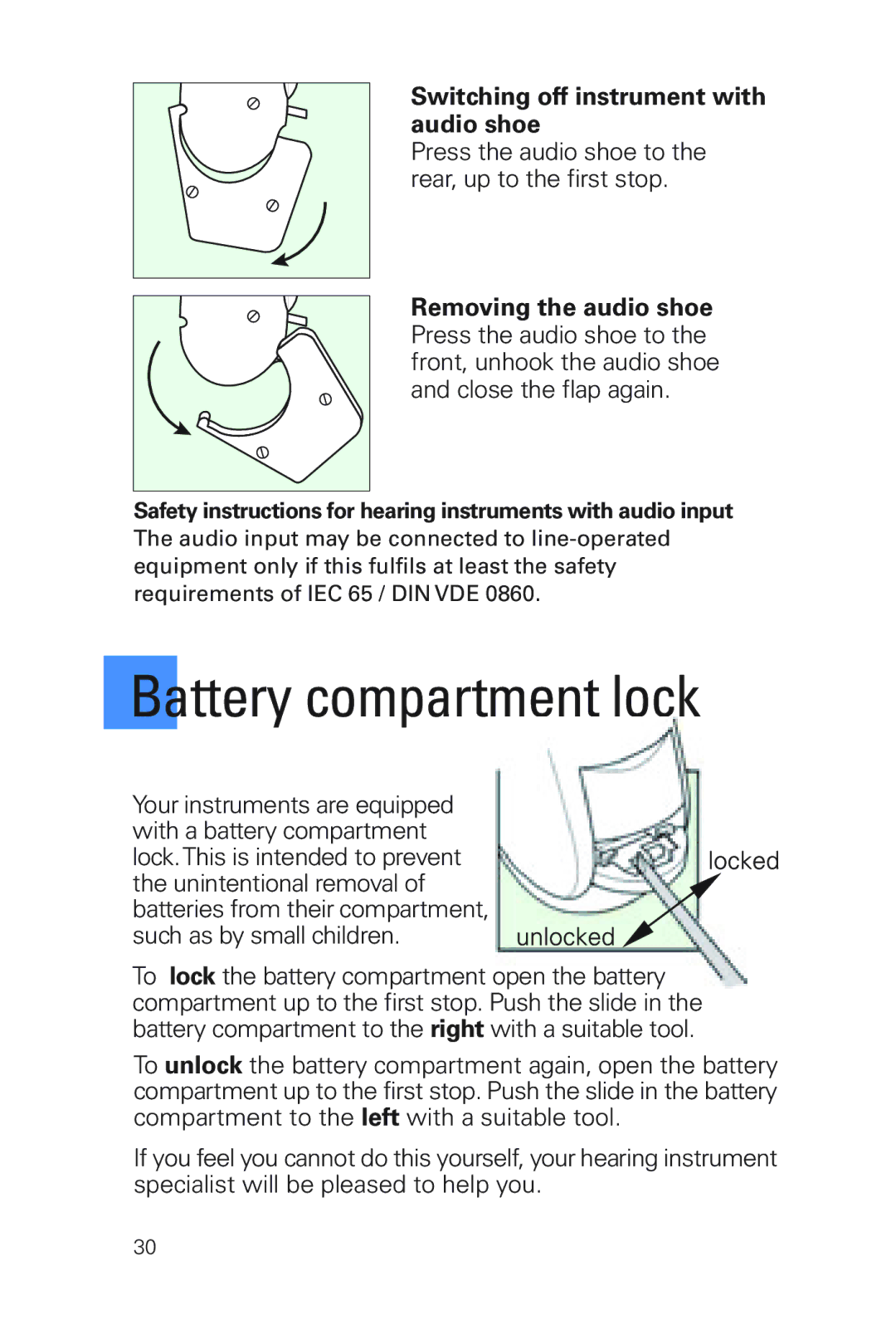 Siemens MUSIC Pro manual Battery compartment lock, Switching off instrument with audio shoe 