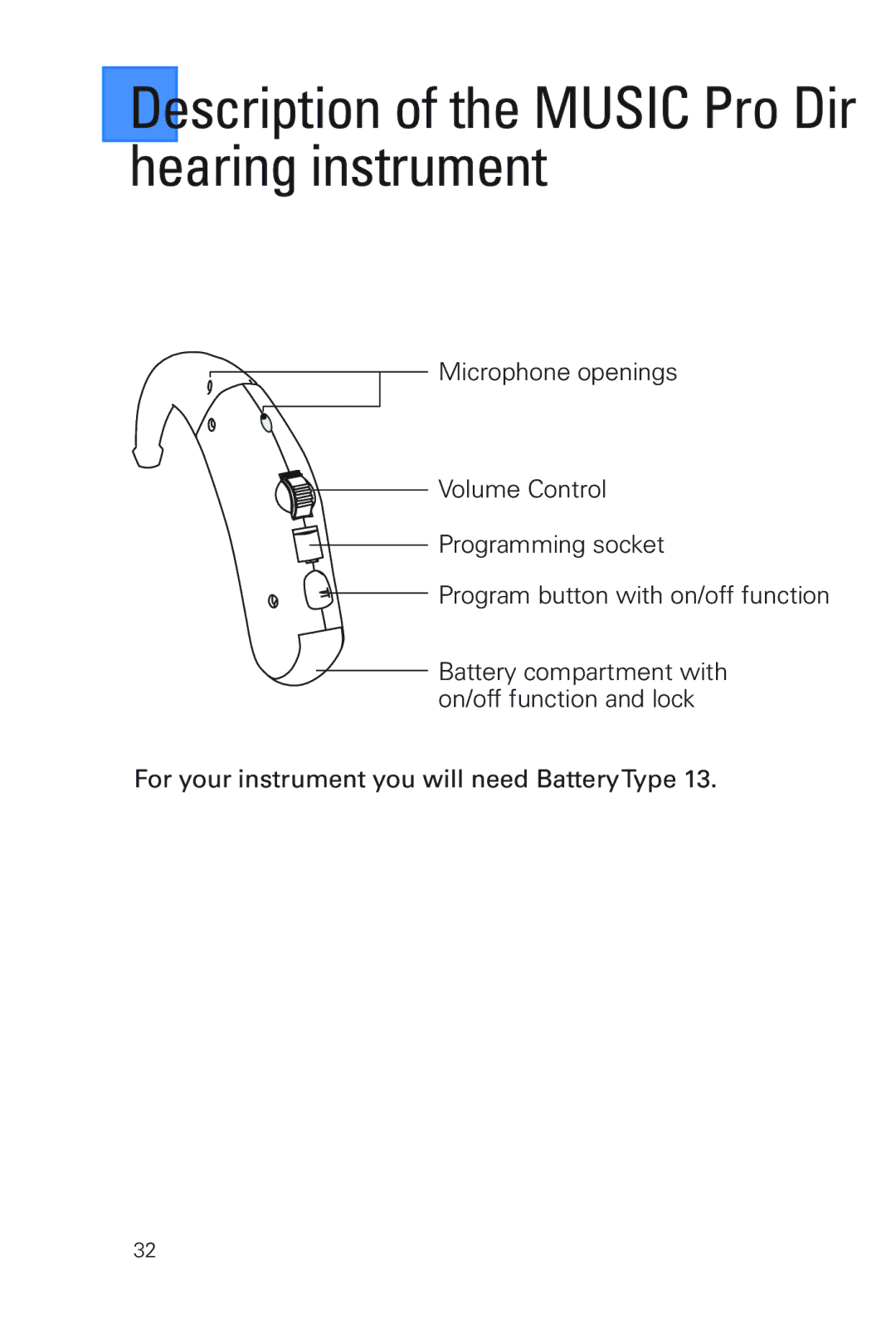 Siemens MUSIC Pro manual Description of the Music Pro Dir hearing instrument 