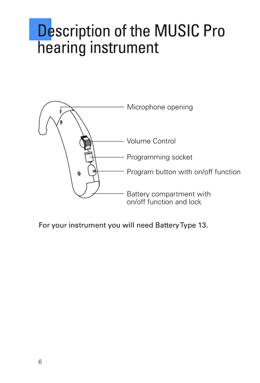 Siemens MUSIC Pro manual Description of the Music Pro hearing instrument 