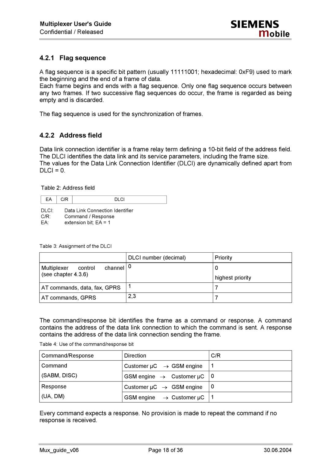 Siemens Mux_guide_v06 manual Flag sequence, Address field 