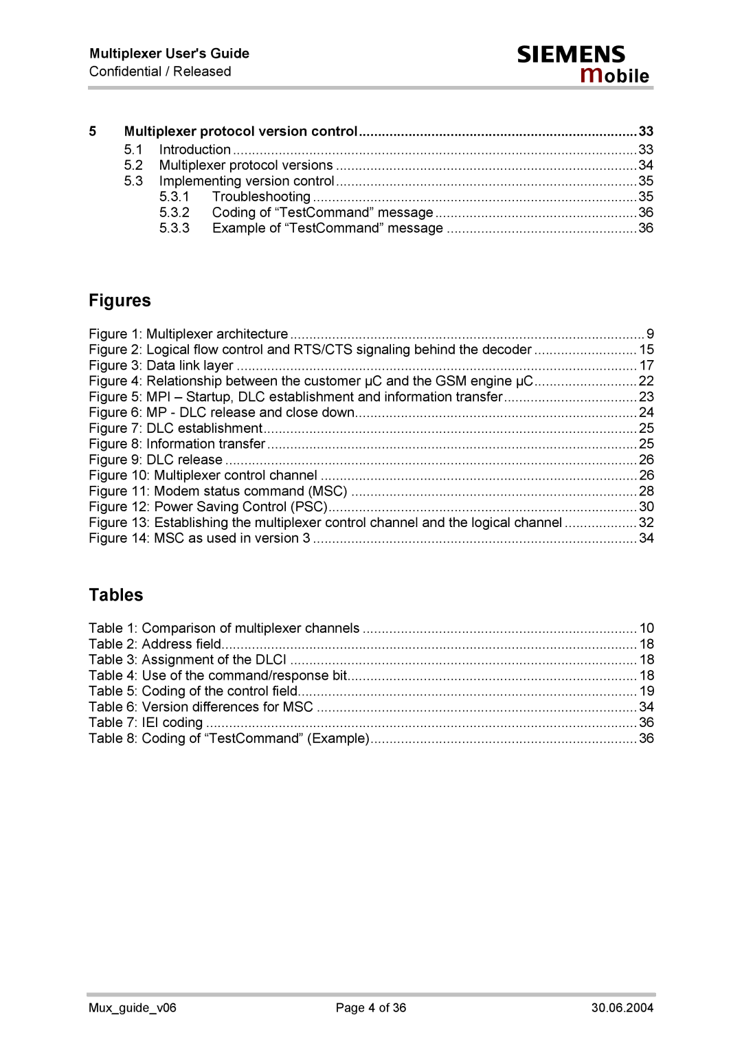 Siemens Mux_guide_v06 manual Tables, Multiplexer protocol version control 