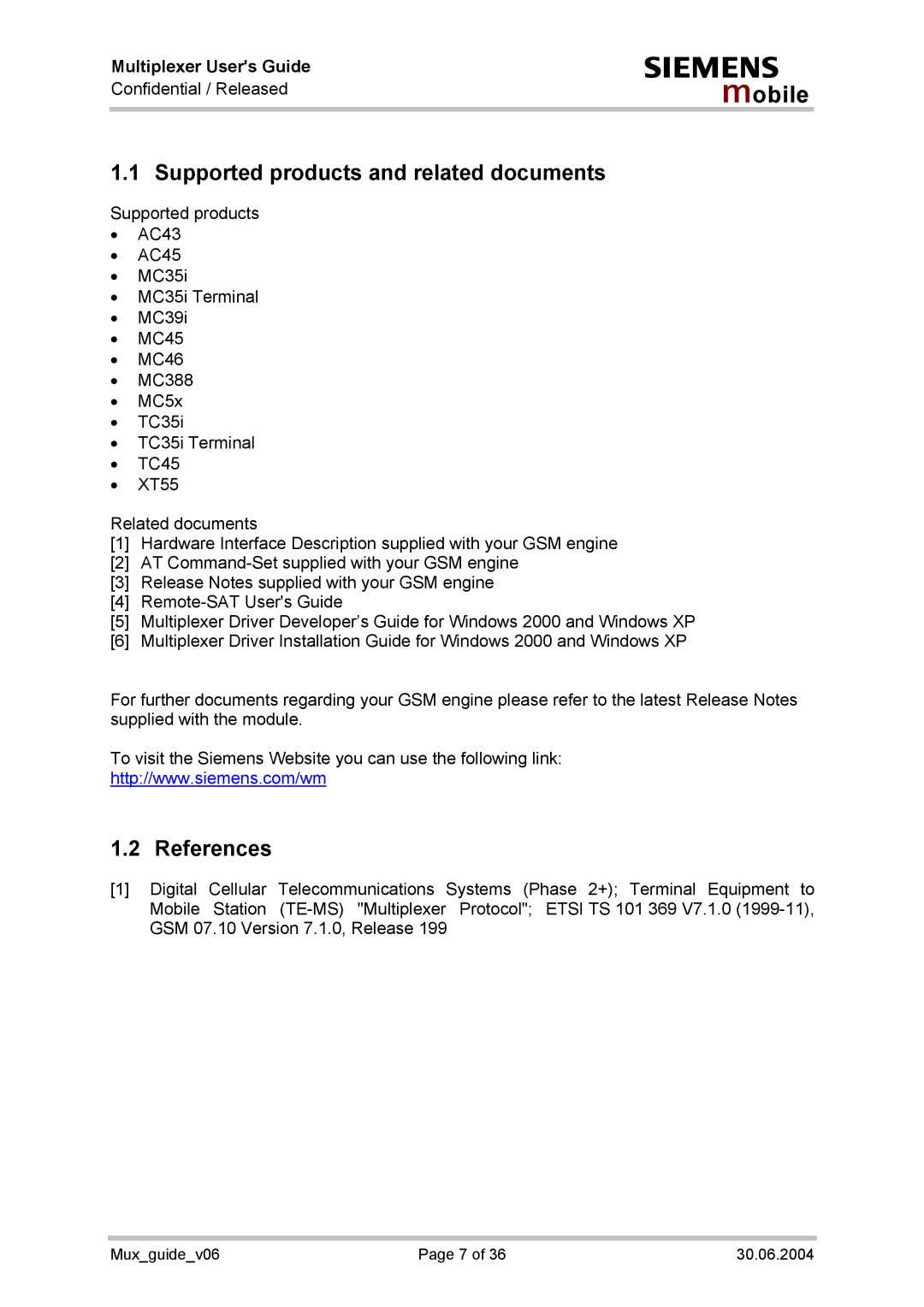 Siemens Mux_guide_v06 manual Supported products and related documents, References 