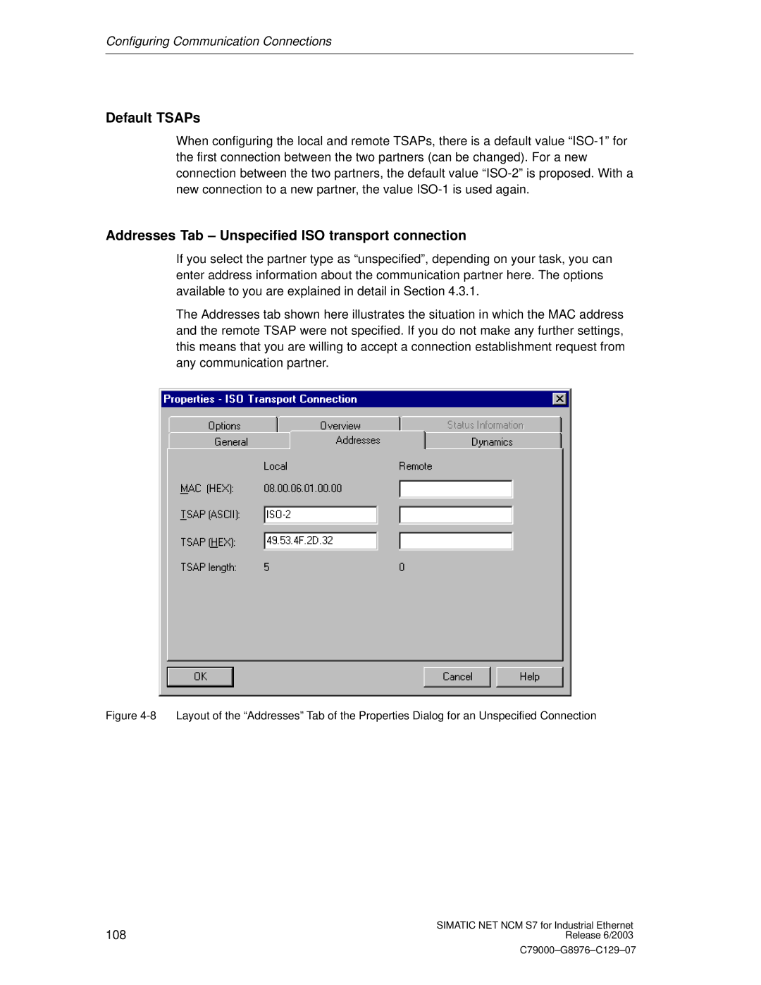 Siemens NCM S7 appendix Default TSAPs, Addresses Tab Unspecified ISO transport connection 