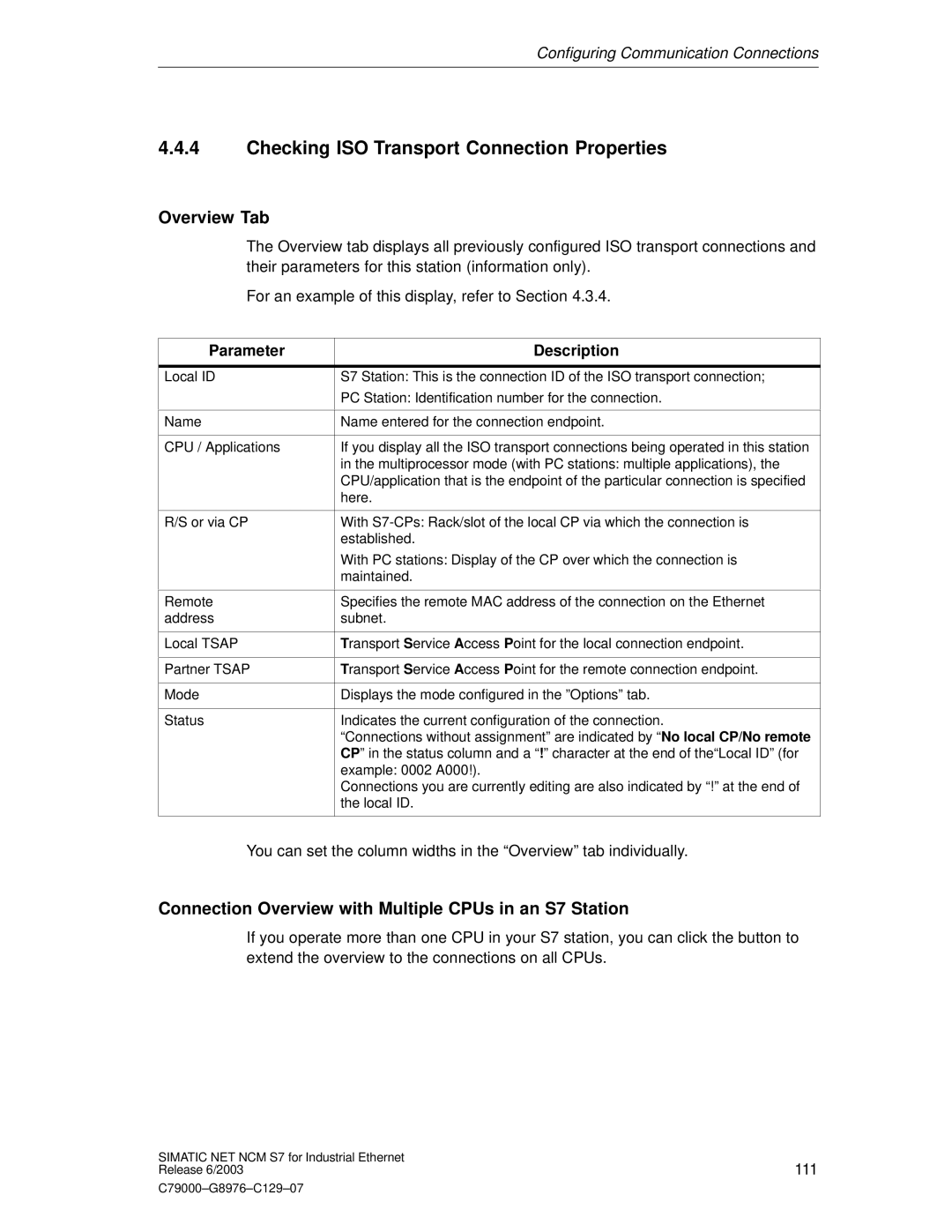 Siemens NCM S7 appendix Checking ISO Transport Connection Properties, Overview Tab, Parameter Description 