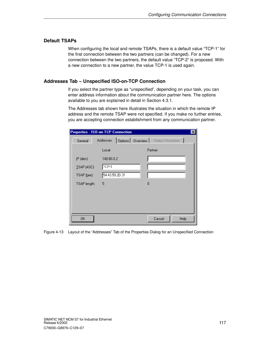 Siemens NCM S7 appendix Default TSAPs, Addresses Tab Unspecified ISO-on-TCP Connection 