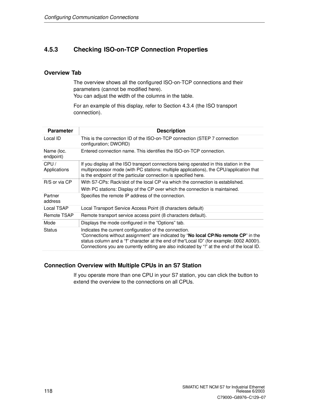 Siemens NCM S7 appendix Checking ISO-on-TCP Connection Properties, Overview Tab 