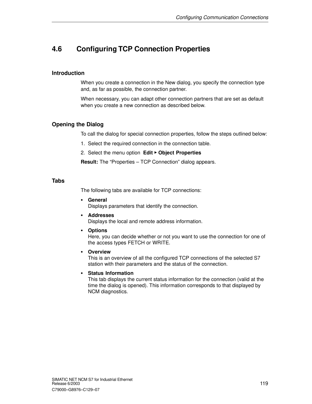 Siemens NCM S7 appendix Configuring TCP Connection Properties, Introduction 