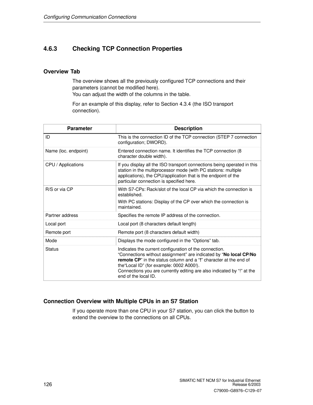 Siemens NCM S7 appendix Checking TCP Connection Properties, Overview Tab 