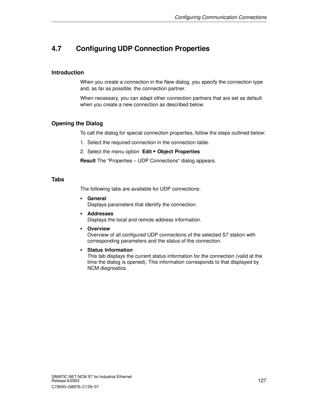 Siemens NCM S7 appendix Configuring UDP Connection Properties, Introduction 