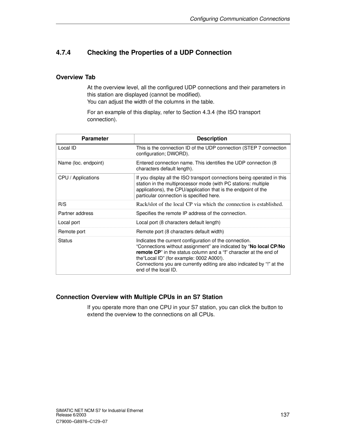 Siemens NCM S7 appendix Checking the Properties of a UDP Connection, Overview Tab 