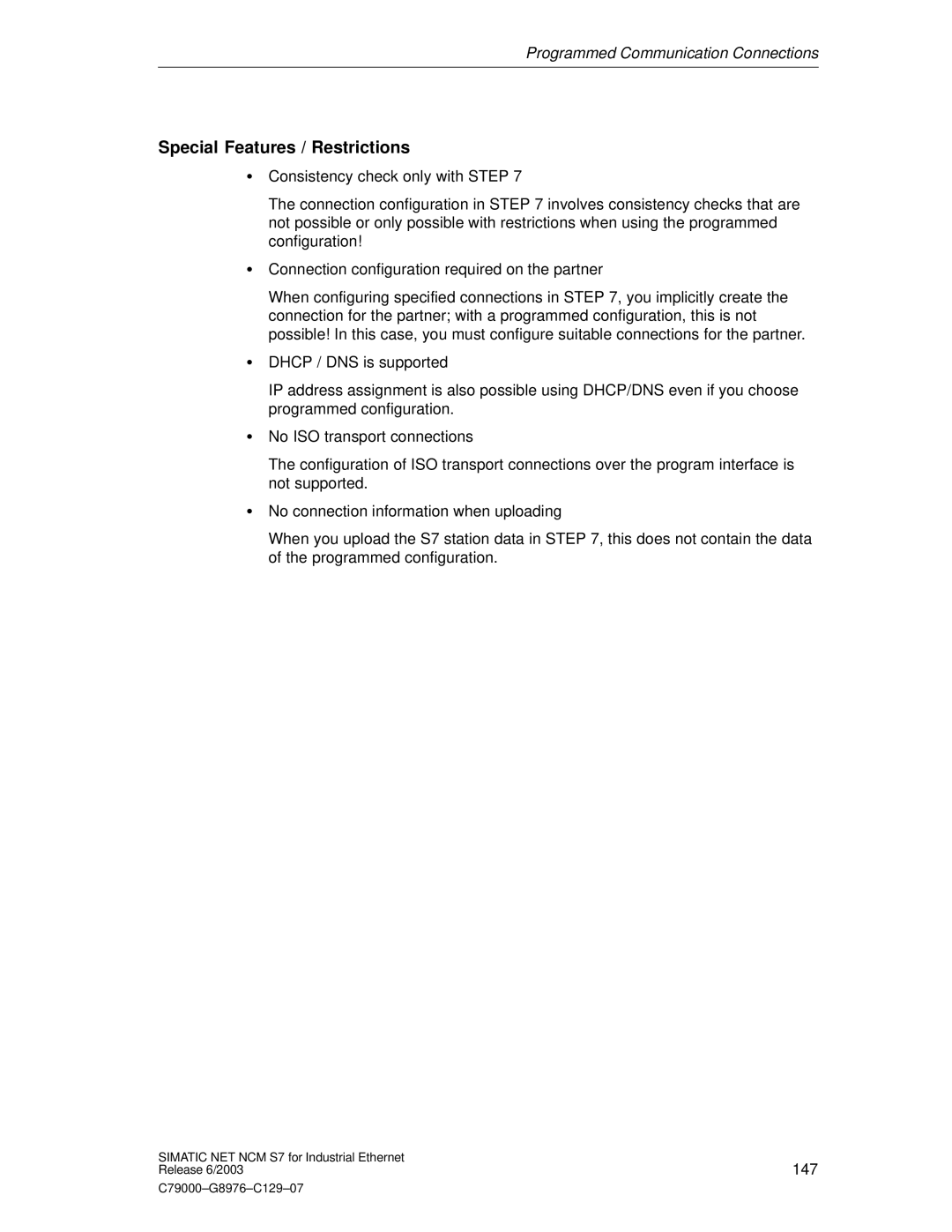 Siemens NCM S7 appendix Special Features / Restrictions 