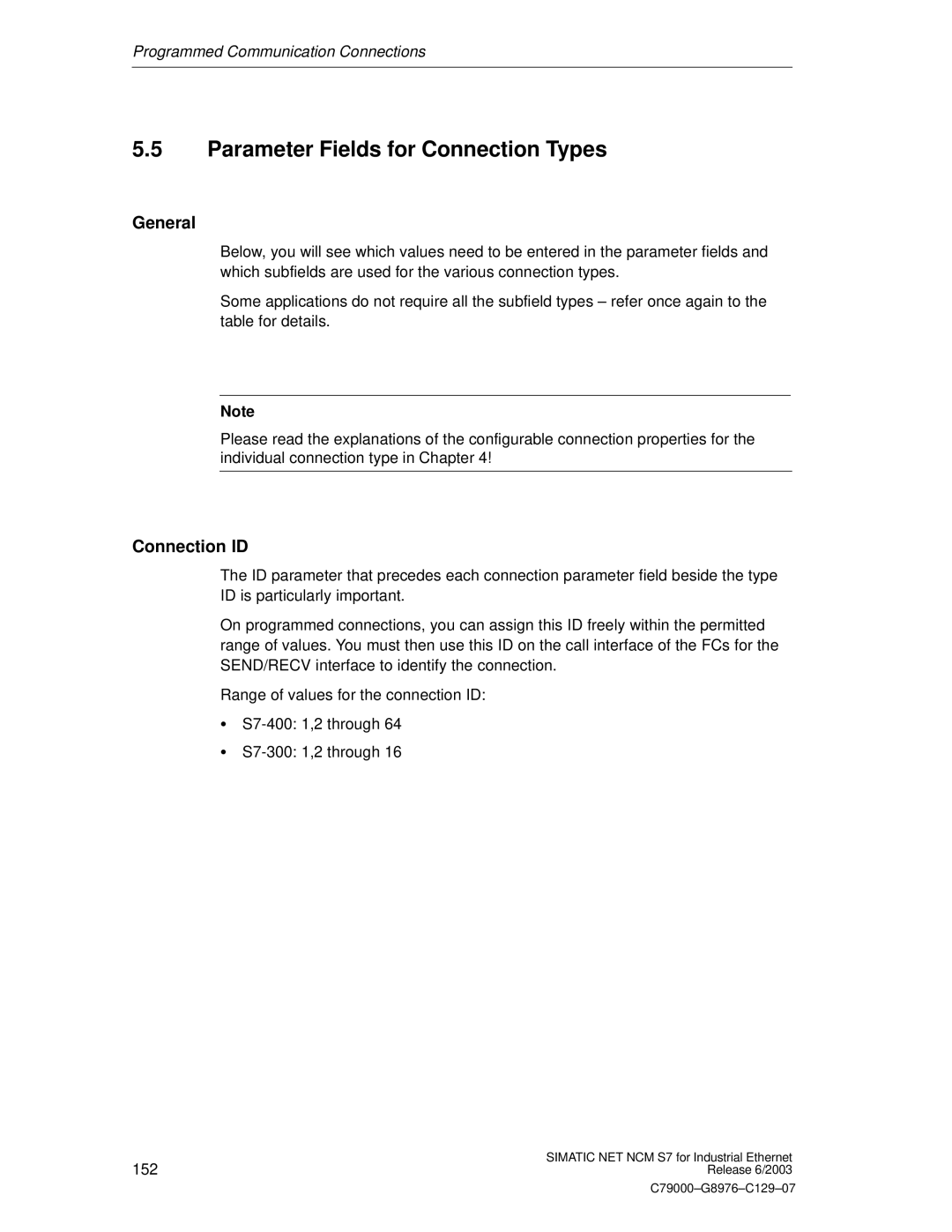 Siemens NCM S7 appendix Parameter Fields for Connection Types, General, Connection ID 