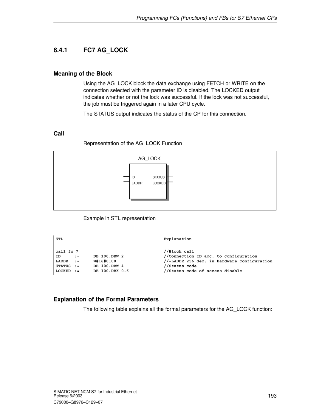 Siemens NCM S7 appendix 1 FC7 Aglock, Meaning of the Block 