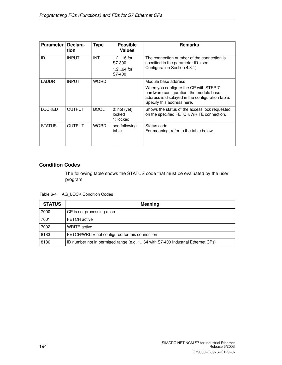 Siemens NCM S7 appendix Parameter Declara Type Possible Remarks Tion Values, Locked Output Bool 