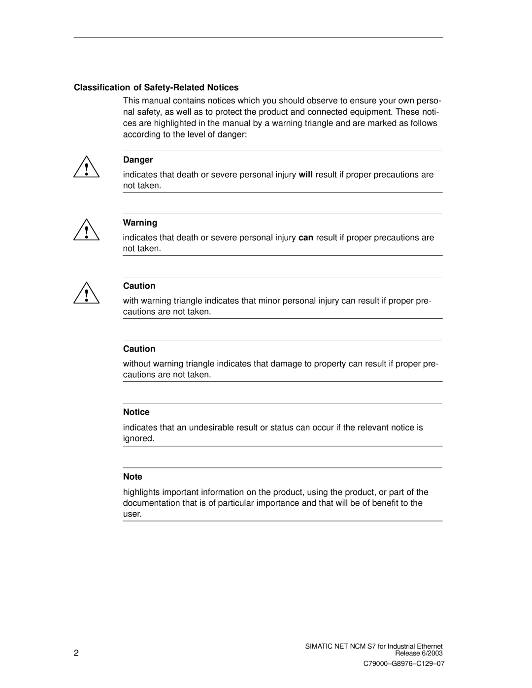 Siemens NCM S7 appendix Classification of Safety-Related Notices 