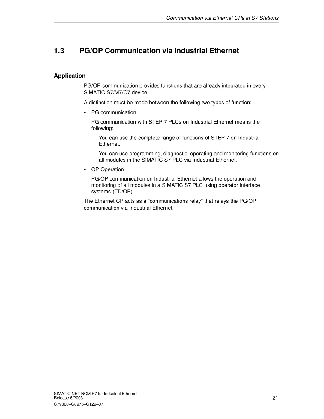 Siemens NCM S7 appendix PG/OP Communication via Industrial Ethernet, Application 