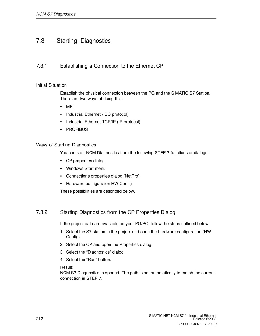 Siemens NCM S7 appendix Establishing a Connection to the Ethernet CP, Ways of Starting Diagnostics 