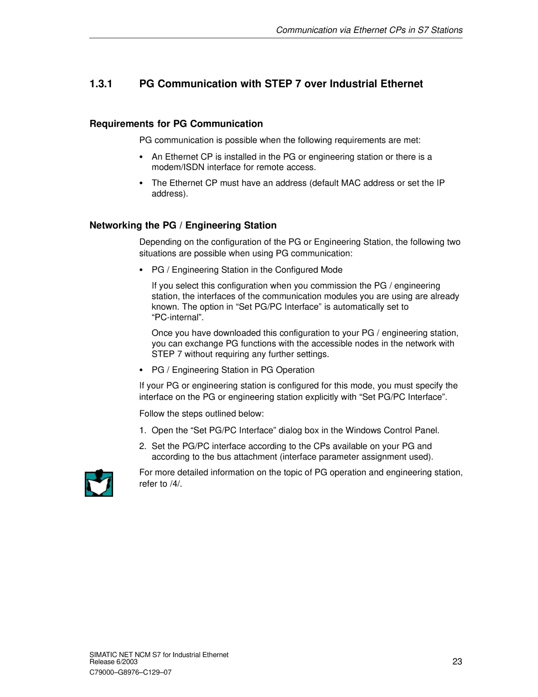 Siemens NCM S7 appendix PG Communication with over Industrial Ethernet, Requirements for PG Communication 