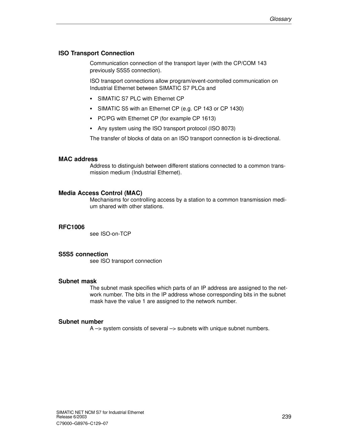 Siemens NCM S7 appendix MAC address, Media Access Control MAC, RFC1006, S5S5 connection, Subnet mask, Subnet number 