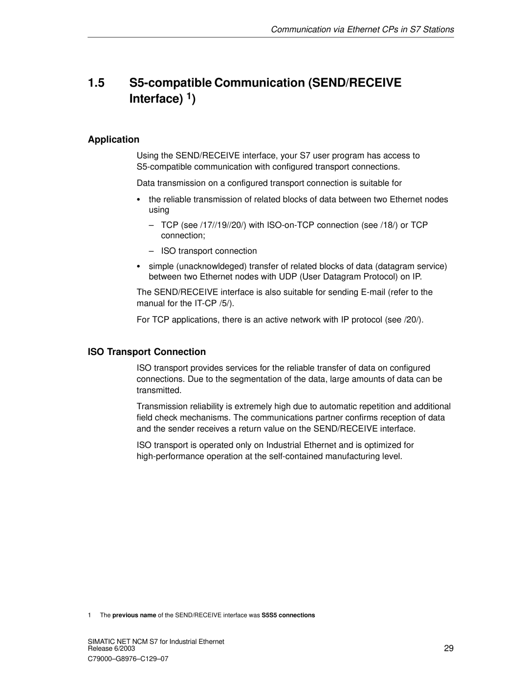 Siemens NCM S7 appendix S5-compatible Communication SEND/RECEIVE Interface, ISO Transport Connection 