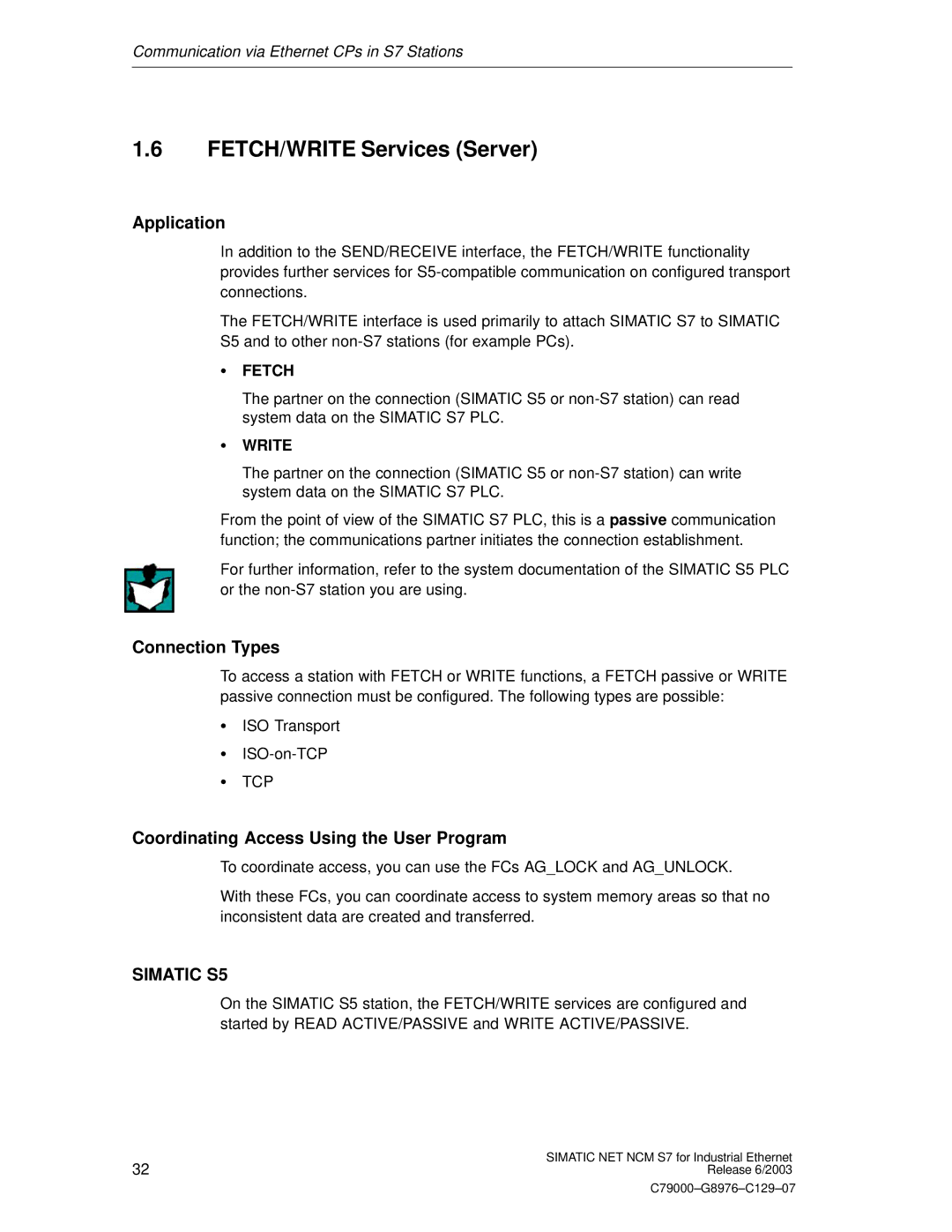 Siemens NCM S7 appendix FETCH/WRITE Services Server, Connection Types, Coordinating Access Using the User Program 