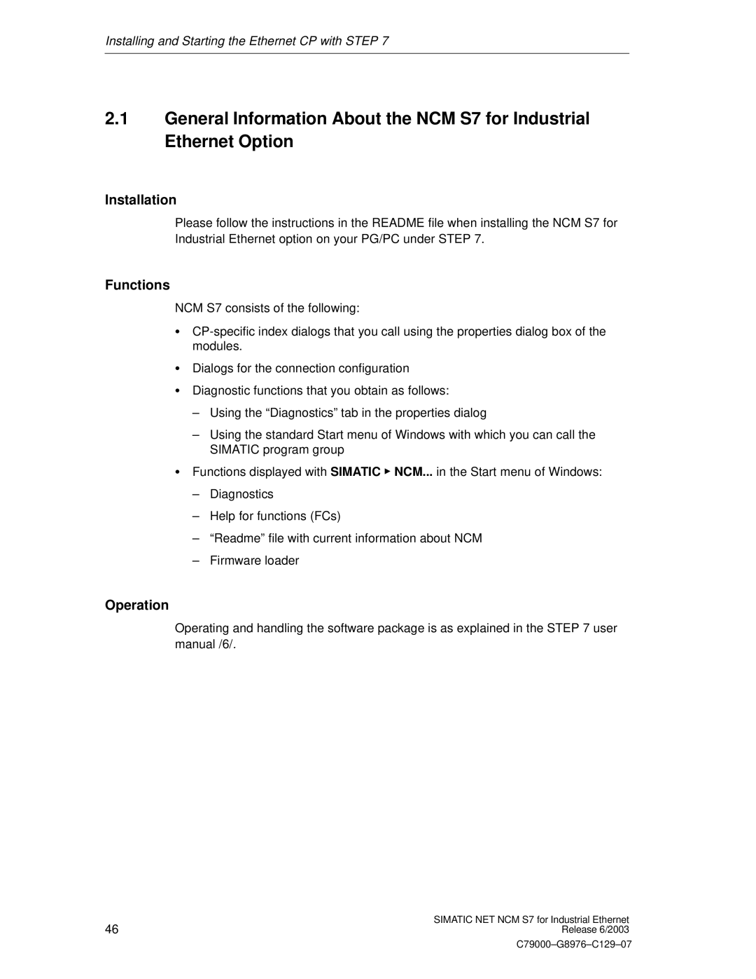 Siemens NCM S7 appendix Installation, Functions, Operation 