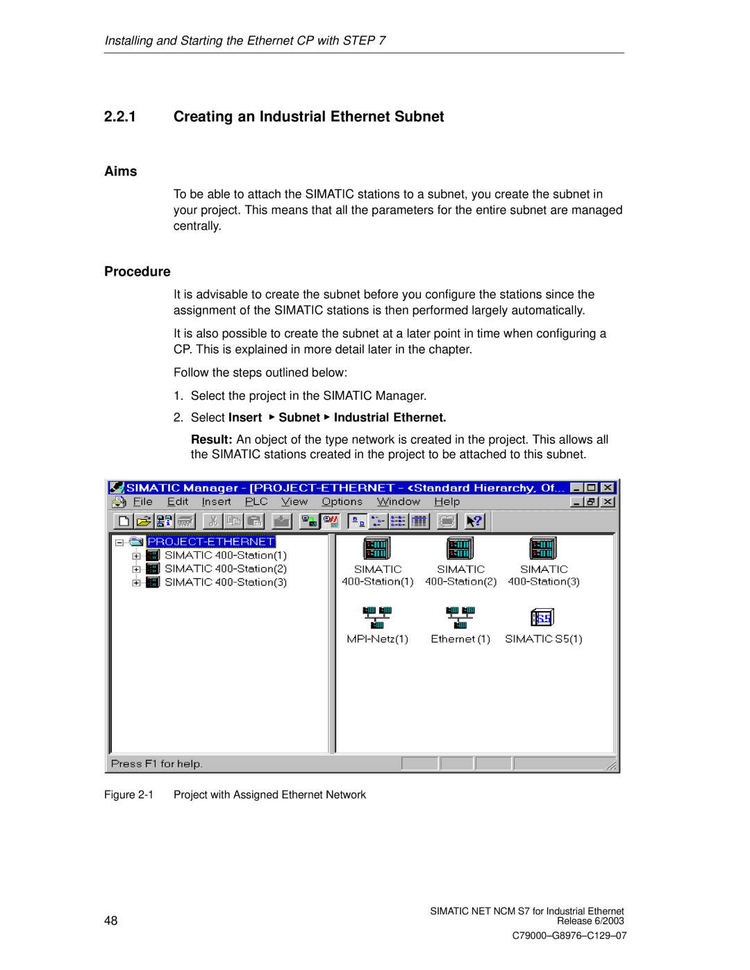 Siemens NCM S7 appendix Creating an Industrial Ethernet Subnet, Aims, Select Insert Subnet Industrial Ethernet 